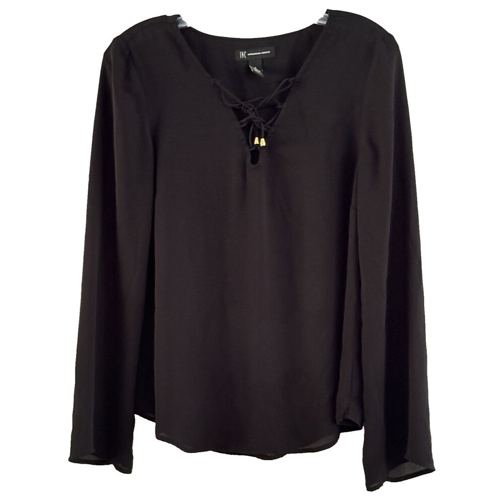 INC Black Lace-Up V-Neck Sheer Blouse Long Sleeve Witchy Goth Size 4